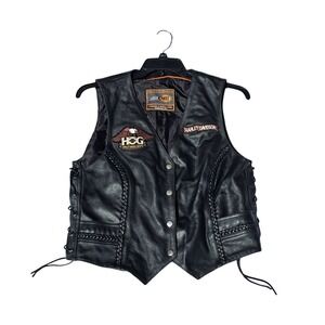 Harley Davidson Women's Size M EUC Leather Vest W/ Patches Braiding & Lace Sides
